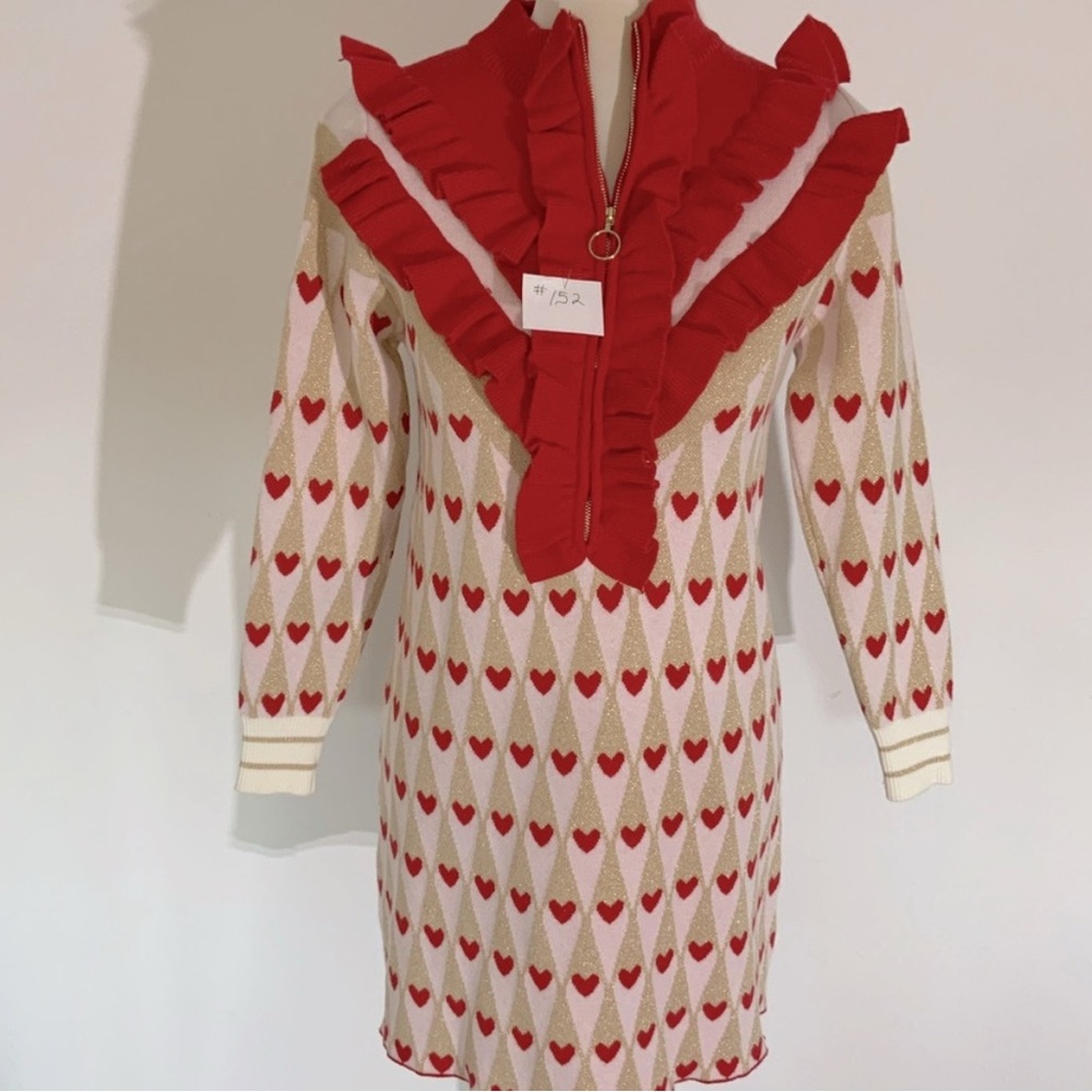 Unique Knitted sweater dress, red, white hearts.  Size M, Like new.  No name tag